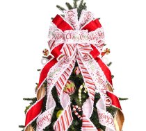Ziemassvētku eglīte Topper Bow Ziemassvētku vainags Bow 45 x 13 collu liels Burlap ar baltu sarkanu sarkanu poliestera malu Dāvanu Bow Ziemassvētku eglītes apdare Ziemassvētku mājas iekštelpu apdare Ziemassvētki