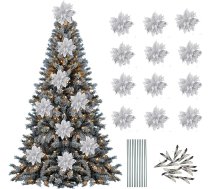 Leixi Pack of 12 Poinsettia Flower Mākslīgie Pointsettia ar klipiem Ziemassvētku apdare Glitter Poinsettia Ziemassvētku apdare Dekorācijas Tree Flower Decor ar kātiem DIY Ziemassvētku vainags Holiday Party Decor