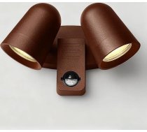 JNR LED āra lampa ar PIR kustības sensoru, IP54 ūdensizturīga āra lampa ar kustības sensoru, 230 V, dubultā starmeša gaisma, 330° pagrieziena leņķis, āra lampa 2 x 5 W GU10, 3000 K silti balta spuldze, bronzas sarkanbrūna krāsā