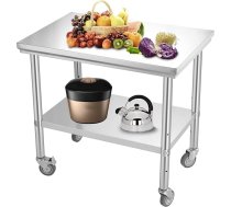 Nerūsējošā tērauda darba galds Divu līmeņu 36 x 24 x 34 collu komerciālais pārtikas sagatavošanas darba galds ar riteņiem Smags metāla salas galds virtuvei Regulējams plauktu augstums