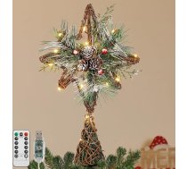 Lewondr Ziemassvētku eglītes papildinājums, 13,19 collas, 20 LED rotangpalmas eglītes papildinājums ar priežu čiekuriem un lapām, 6H taimeris, 8 gaismas režīmi, USB un tālvadības pults, Ziemassvētku eglītes papildinājums Star, brūns