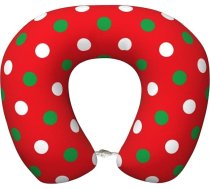 Balts un zaļš polka dot ceļojuma spilvens ar atmiņas putu pildījumu kakla atbalstam; piemērots lietošanai lidmašīnā, automašīnā, atpūtai, vilcienā un mājās