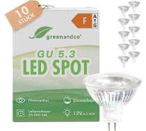 greenandco 10x CRI 90+ MR16 GU5.3 dimmable LED prožektors, 6,5 W, 510 lm, 38°, 3000 K, silti balta, 12 V AC/DC