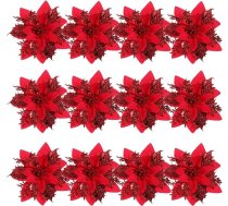 NUOBESTY 12 Pack Glitter Poinsettia Ziedi Ziemassvētku eglītes rotājumi Ziemassvētku vainags Puses rotājumi Ziemassvētku pusei Piekaramais ziedu rotājums
