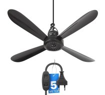 Bestlivings Mobilais griestu ventilators melns (5 m XXL kabelis) ar kontaktdakšu un slēdzi, 220 V-240 V/5 Watt, diametrs 40 cm, griestu ventilators ar pakaramo daļu