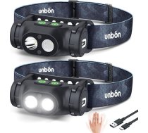 UNBON LED uzlādējama galvas lampa, galvas lukturis, USB-C, ļoti spilgta, regulējama ar 3 režīmiem un sensoru, IPX4 ūdensizturīga magnētiska galvas lampa, LED uzlādējama pārgājieniem un makšķerēšanai, 2 gab. komplektā
