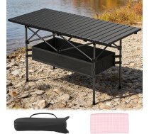 Verdego saliekamais kempinga galds, 120 x 50 x 50 cm, saliekamais kempinga galds ar pārnēsāšanas somu, tīkla maisiņu, rozā galdautu, salokāmu galda virsmu, maksimālā slodze 30 kg, saliekamais galds piknikam un ceļojumiem, melns