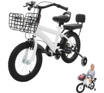 Bērnu velosipēds ar 14 collu riteņiem, stabilizatoriem un aizmugurējo sēdekli, meiteņu un zēnu velosipēds vecumā no 3 līdz 7 gadiem, regulējams augstums 43–49 cm, divkārša bremžu sistēma, maksimālā slodze 60 kg