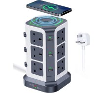 KOOSLA Torņa pagarinātājs ar bezvadu lādētāju, [13A 3250W] Pārsprieguma aizsargs, 12 maiņstrāvas kontaktligzdas un 6 USB pieslēgvietas ar daudzfunkcionālu pagarināšanas kabeli, 2 m