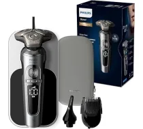 Philips skuveklis Series 9000 Prestige Electric Wet and Dry Shaver, spilgti hromēts, Lift & Cut skūšanās sistēma, SkinIQ tehnoloģija, Qi uzlādes paliktnis, bārdas ieveidotājs, deguna trimmeris, modelis SP9871/22