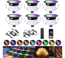 WiFi inteliģentās LED grīdas iebūvētās gaismas, RGBIC + silti baltas LED grīdas prožektori, daudzkrāsaini, ar "Chasing" efektu, terases apgaismojums, darbojas ar Alexa, Google Home, DC12 V, diametrs 31 mm, IP67 ūdensizturīgs, 6 gab. iepakojums