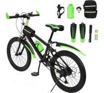 Bērnu velosipēds, 20 collu, 7 pārnesumu, ar dubļusargu, kalnu velosipēds zēniem un meitenēm vecumā no 8 līdz 13 gadiem, oglekļa tērauda rāmis, ar zvaniņu, ūdens pudeli, maksimālā slodze 85 kg, zaļā krāsā