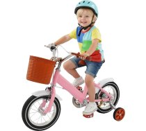 12 collu bērnu velosipēds, augstuma regulējums 60–70 cm, ar palīgritentiņiem un grozu, divkārša bremžu sistēma, piemērots bērniem līdz 40 kg vecumā no 2 līdz 4 gadiem, meitenēm (rozā)