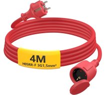 Āra pagarinātājs, 4 m, gumijas strāvas kabeļa pagarinātājs ar Schuko kontaktdakšu izmantošanai ārpus telpām, IP44, kabeļa pagarinātājs H05RR-F 3G 1,5 mm² ar aizsargvāciņu, elektrības kabelis ārā, 3500 W, sarkans