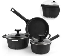 Wodillo katlu un pannu komplekts no 5 daļām, 16 cm / 1,5 l katls un 20 cm / 2,5 l katls ar stikla vāku, 24 cm panna, nesadalāms pārklājums, trauki visām plītīm, ieskaitot plītis (melni)