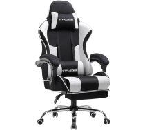 GTPLAYER auduma spēļu krēsls, biroja krēsls, masāžas spēļu krēsls, ergonomisks spēļu krēsls ar kāju balstu, polsterēts spēļu krēsls, grozāms krēsls, 150 kg, balts/melns
