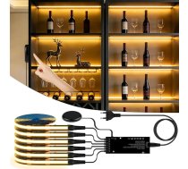 COB LED sloksne, 6 ruļļu skapja apgaismojums ar skārienjūtīgu un ar roku darbināmu slēdzi, 12 V griezējama COB LED sloksne vitrīnām, vīna skapjiem, virtuvēm un plauktiem (silti balta, 2 m)