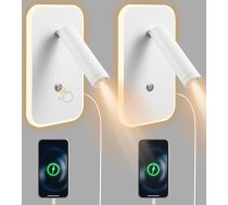 LED sienas lampa, naktsgaldiņš, lasīšanas lampa, LED sienas lasīšanas lampas, 12 W iekštelpu sienas lampa ar slēdzi un USB + C tipa lādēšanas pieslēgvietu, 350° rotējoša, pagriežama guļamistaba, dzīvojamā istaba (02-balta)