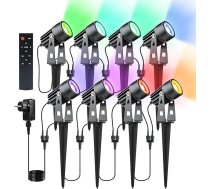 8 LED dārza gaismas RGB + silti balta COB ar tālvadības pults taimeri, LED dārza gaismas RGBW ar zemes smaili IP65 ūdensizturīgs 12 V 24 W alumīnija dārza lampas āra dārza zālienam