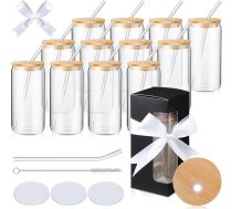 Tioncy 12 sublimācijas stikla sagatavju komplekts 16oz caurspīdīga alus kanna ar bambusa vāku Stikla salmiņi, 12 dāvanu kastīte, ūdens krūzes, krūzes, stikla krūzes, kausi kafijai, sulai, DIY dāvanas
