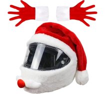 Universāls Ziemassvētku motocikla ķiveres pārklājs | Ziemassvētku cepure + svētku cimdi no siltā un elastīgā poliestera | Dekoratīvs ziemas aksesuārs motocikla, motorollera vai velosipēda ķiverei