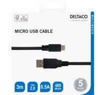 Kabelis DELTACO USB 2.0 Micro B, 2.4A, 3m, juodas / USB-303S-K / R00140010|R00140010