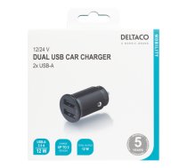 DELTACO 12/24 V USB įkroviklis su dvigubomis USB-A jungtimis, 2,4 A, 12 W, juodas USB-CAR124|USB-CAR124