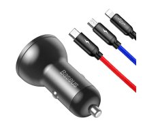 Baseus Digital Display Dual USB 4.8A Car Charger 24W with Three Primary Colors 3-in-1 Cable USB 1.2M Black Suit Grey  (TZCCBX-0G)