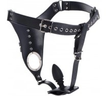 XR Brands Master Series Leather Chastity Harness with Silicone Plug, Adjustable