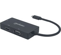 Manhattan USB-C Dock/Hub, Ports (x3): DVI-I, HDMI and VGA Ports, Note: Only One Port can be used at a time, External Power Supply Not Needed, Universal for all devices, Cable 10cm, Black, Three Year Warranty