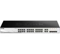 D-Link DGS-1210-28, Gigabit Smart Switch with 24 10/100/1000Base-T ports and 4 Gigabit MiniGBIC (SFP) ports, 802.3x Flow Control, 802.3ad Link Aggregation, 802.1Q VLAN, 802.1p Priority Queues, Port mirroring, Jumbo Frame support, 802.1D STP, ACL, LLDP, Ca