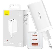 Baseus Travel Charger GaN5 Pro Fast wall charger, C+C+U, QC, AFC, PD 65W with Type-C to Type-C (100W) 1m, White EU (CCGP120202)