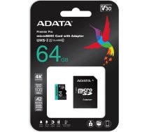 Adata MEMORY MICRO SDXC 64GB W/ADAP./AUSDX64GUI3V30SA2-RA1 ADATA