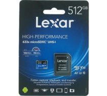 Lexar High-Performance 633x UHS-I  MicroSDXC, 512 GB, Flash memory class 10, Black/Blue, Class: A2 V30 U3, 70 MB/s, 100 MB/s LSDMI512BB633A