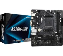 Asrock | A520M-HDV | Processor family AMD | Processor socket AM4 | DDR4 DIMM | Memory slots 2 | Supported hard disk drive interfaces     SATA, M.2 | Number of SATA connectors 4 | Chipset     AMD A520 | Micro ATX