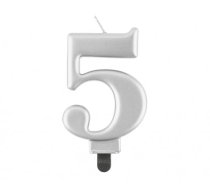 GoDan Dzimšanas dienas svece, cipars 5, 8cm, metālisks sudrabs, PF-SCS5