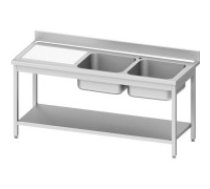 Nerūsējošā tērauda galds ar 2 izlietnēm un plauktu 1400x600 mm