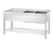 GREDIL nerūsējošā tērauda galds ar divām izlietnēm( labajā pusē) un plauktu 1400 × 600 × 850 mm