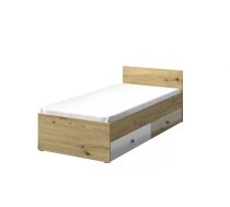 Bērnu gulta Nero 14 gloss 90x200 ar stelāžu Guļamvietas platums: 90 cm, Guļamvietas garums: 200 cm, Platums: 94 cm, Garums: 203 cm, Augstums: 41 cm, Ar resti: 1, Ar matraci: 1, Ar veļas kasti: 1, Virsma: Matēta + Spīdīga, Guļamvietu skaits: 1, Korpusa krāsa: balts + ozols artisan, Elementu krāsa: pelēks, Izgatavošanas materiāls: KSP + finieris