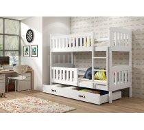 Bērnu gulta Kubus Bunk White ar stelāžām Guļamvietas platums: 80 cm, Guļamvietas garums: 190 cm, Platums: 87 cm, Garums: 196 cm, Augstums: 154 cm, Ar resti: 1, Ar barjeru: 1, Ar veļas kasti: 1, Guļamvietu skaits: 2, Matrača apraksts: Putas (porolons), Korpusa krāsa: balts, Elementu krāsa: Balts, Izgatavošanas materiāls: dabīgs koks (priede)