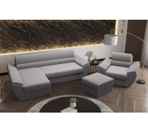 Komplekts Rebi L3+1S+P Standard Dziļums: 140 cm, Apdare: audums, Guļamvietas izmērs: 130x200 cm, Platums: 251 cm, Augstums: 88 cm, Sēdvietas augstums: 39 cm, Sēdvietas dziļums: 50 cm, Ar veļas kasti: 1, Ar krēslu: 1, Izvēlkamais dīvāns: 1, Dīvāna tips komplektā: stūra, Auduma numurs: Poso 110, Krāsa: pelēks