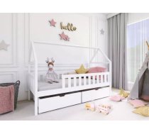 Bērnu gulta Domi Lux ar stelāžu Guļamvietas platums: 90 cm, Guļamvietas garums: 200 cm, Platums: 97 cm, Garums: 208 cm, Augstums: 169 cm, Augstums no grīdas līdz matracim: 35 cm, Ar resti: 1, Ar barjeru: 1, Ar veļas kasti: 1, Guļamvietu skaits: 1, stelāžas tips: koka, Izgatavošanas materiāls: dabīgs koks (priede), Maksimālais noslogojums: 100 kg, Krāsa: balts