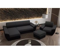 Komplekts Rebi L3+1S+P Standard Dziļums: 140 cm, Apdare: audums, Guļamvietas izmērs: 130x200 cm, Platums: 251 cm, Augstums: 88 cm, Sēdvietas augstums: 39 cm, Sēdvietas dziļums: 50 cm, Ar veļas kasti: 1, Ar krēslu: 1, Izvēlkamais dīvāns: 1, Dīvāna tips komplektā: stūra, Auduma numurs: Rainbow 27 + 15, Krāsa: tumši pelēks + melns
