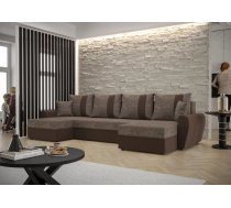 Dīvāns Davos U standard Dziļums: 140 cm, Guļamvietas platums: 130 cm, Platums: 301 cm, Augstums: 90 cm, Sēdvietas augstums: 40 cm, Sēdvietas dziļums: 52 cm, Guļamvietas garums: 270 cm, Pildījums: Putas (porolons), Apdare: audums, Ar papildu spilveniem: 1, Dīvāna tips: u veida dīvāni, Ar veļas kasti: 1, izvelkamie: 1, Auduma numurs: Kornet 04 + Rainbow 41, Krāsa: kapučīno + brūns