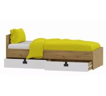 Bērnu gulta Index 14 90x200 ar stelāžu Guļamvietas platums: 90 cm, Guļamvietas garums: 200 cm, Platums: 94 cm, Garums: 203 cm, Augstums: 41 cm, Ar resti: 1, Ar matraci: 1, Ar veļas kasti: 1, Virsma: Matēta + Spīdīga, Guļamvietu skaits: 1, Korpusa krāsa: ozols, Elementu krāsa: Balts, Izgatavošanas materiāls: KSP