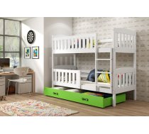 Bērnu gulta Kubus Bunk White ar stelāžām Guļamvietas platums: 80 cm, Guļamvietas garums: 190 cm, Platums: 87 cm, Garums: 196 cm, Augstums: 154 cm, Ar resti: 1, Ar barjeru: 1, Ar veļas kasti: 1, Guļamvietu skaits: 2, Matrača apraksts: Putas (porolons), Korpusa krāsa: balts, Elementu krāsa: zaļš, Izgatavošanas materiāls: dabīgs koks (priede)