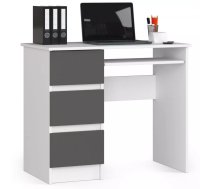 Galds A6 Left Garums: 90 cm, Augstums: 77 cm, Korpusa krāsa: balts, Platums: 50 cm, Izgatavošanas materiāls: LKSP, Elementu krāsa: pelēks, Forma: taisnstūra, Virsma: matēta, Ar tastatūras plauktu: 1, Ar plauktiem: 1, Ar atvilktnēm: 1