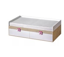 Bērnu gulta Nico 14 90x200 ar stelāžu Guļamvietas platums: 90 cm, Guļamvietas garums: 200 cm, Platums: 94 cm, Garums: 204 cm, Augstums: 64 cm, Matrača nepieciešamais augstums: 15 cm, Ar resti: 1, Ar matraci: 1, Ar veļas kasti: 1, Guļamvietu skaits: 1, Matrača apraksts: Bonell + putas (porolons), Korpusa krāsa: ozols + balts, Elementu krāsa: rozā, Izgatavošanas materiāls: KSP + finieris