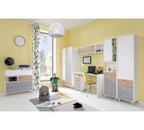 Komplekts Faro C Korpusa krāsa: balts, Elementu krāsa: pelēks + ozols artisan, Augstums: 190 cm, Elementu skaits: 6, Izgatavošanas materiāls: KSP + finieris, Virsma: Matēts, Ar skapi: 1, Ar plauktu: 1, Ar galdu: 1
