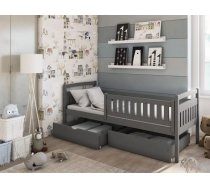 Bērnu gulta Terry ar stelāžu Guļamvietas platums: 80 cm, Guļamvietas garums: 160 cm, Platums: 87 cm, Garums: 168 cm, Augstums: 85 cm, Augstums no grīdas līdz matracim: 29 cm, Ar resti: 1, Ar barjeru: 1, Ar veļas kasti: 1, Guļamvietu skaits: 1, stelāžas tips: koka, Izgatavošanas materiāls: dabīgs koks (priede), Maksimālais noslogojums: 100 kg, Krāsa: grafīts